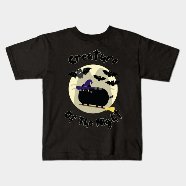 Creature of the Night Black Cat Witch in Full Moon Kids T-Shirt by mareescatharsis